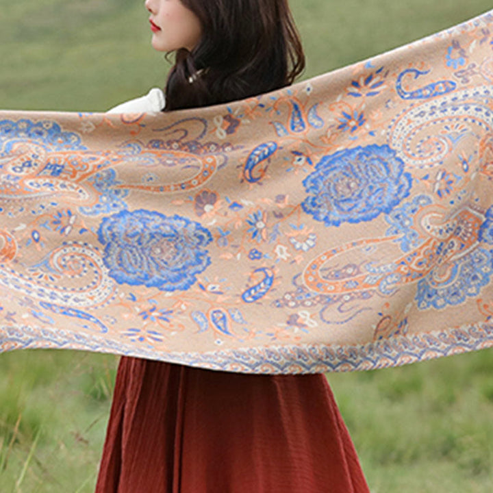 Buddha Stones Tybetańskie Orzechy Nerkowca Kwiaty Piwonii Winorośl Frędzle Szal Jesień Zima Przytulny Szalik Otulacz - image 28