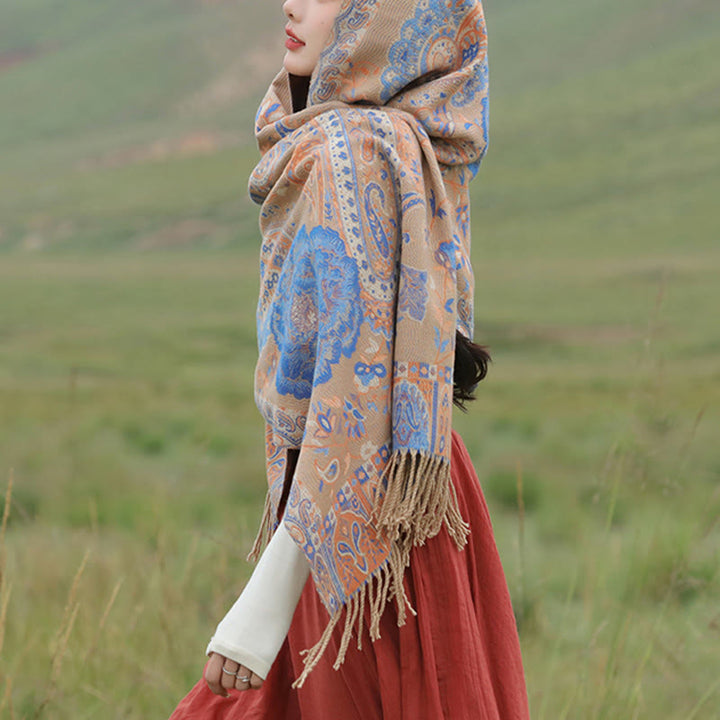 Buddha Stones Tybetańskie Orzechy Nerkowca Kwiaty Piwonii Winorośl Frędzle Szal Jesień Zima Przytulny Szalik Otulacz - image 27