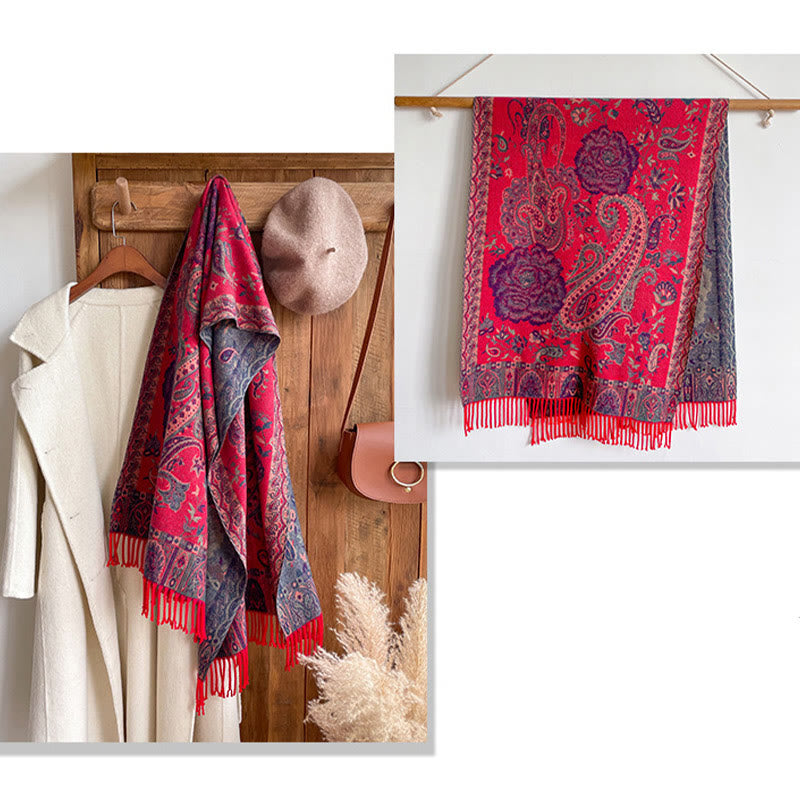 Buddha Stones Tybetańskie Orzechy Nerkowca Kwiaty Piwonii Winorośl Frędzle Szal Jesień Zima Przytulny Szalik Otulacz - image 24