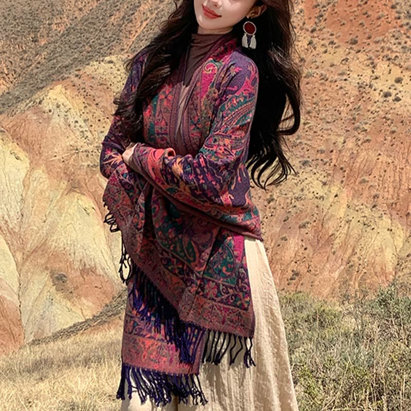 Buddha Stones Tybetańskie Kwiaty Nerkowca Wzór Winorośli Chwosty Szal Jesień Zima Miękki Szalik Otulacz - image 2