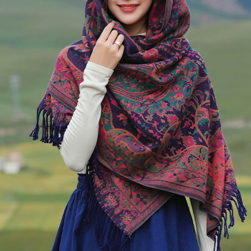 Buddha Stones Tybetańskie Kwiaty Nerkowca Wzór Winorośli Chwosty Szal Jesień Zima Miękki Szalik Otulacz - image 1