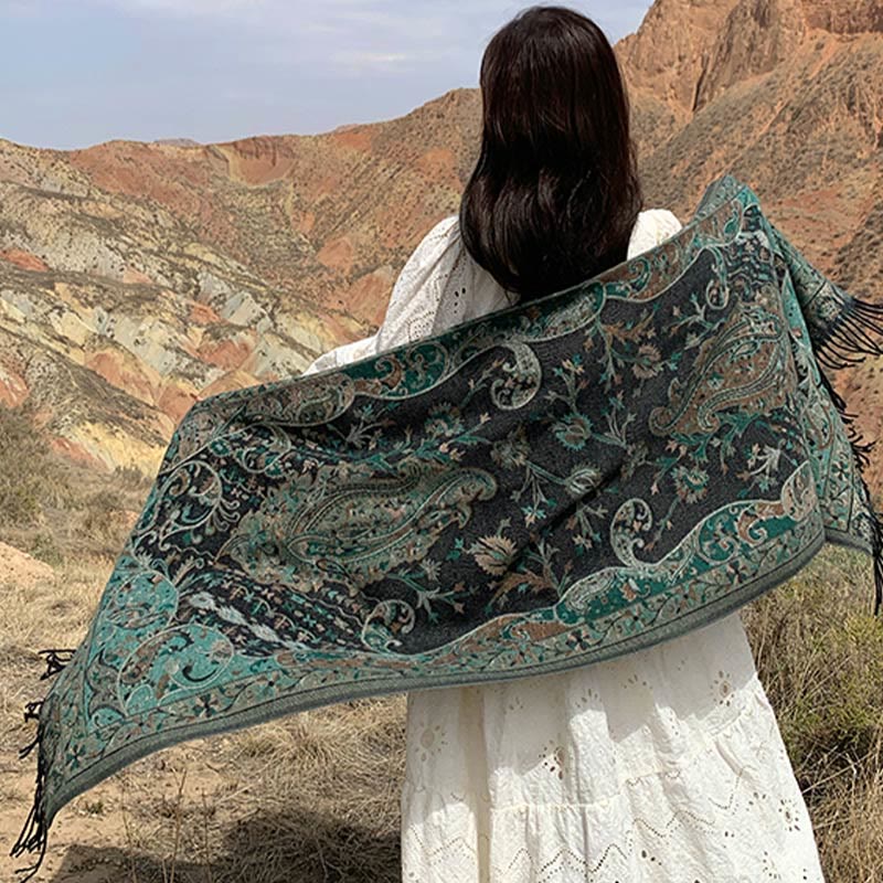 Buddha Stones Tybetańskie Kwiaty Nerkowca Wzór Winorośli Chwosty Szal Jesień Zima Miękki Szalik Otulacz - image 9