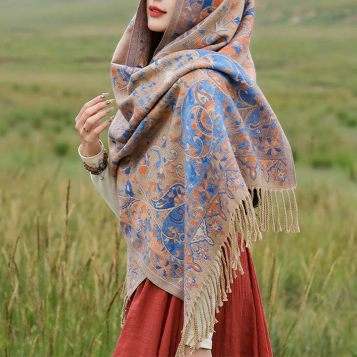 Buddha Stones Tybetańskie Kwiaty Nerkowca Wzór Winorośli Chwosty Szal Jesień Zima Miękki Szalik Otulacz - image 20