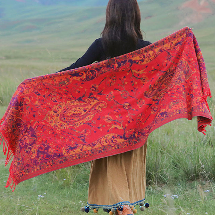 Buddha Stones Tybetańskie Kwiaty Nerkowca Wzór Winorośli Chwosty Szal Jesień Zima Miękki Szalik Otulacz - image 15