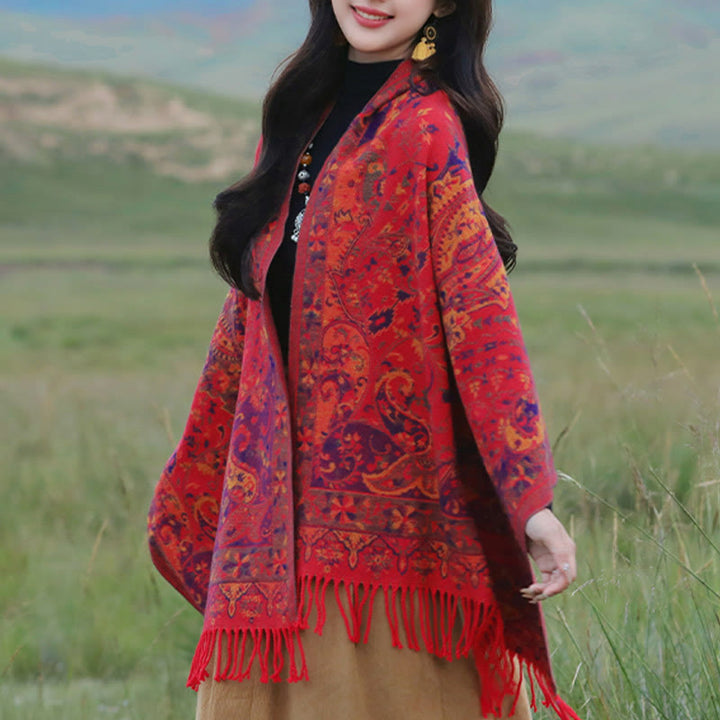 Buddha Stones Tybetańskie Kwiaty Nerkowca Wzór Winorośli Chwosty Szal Jesień Zima Miękki Szalik Otulacz - image 14