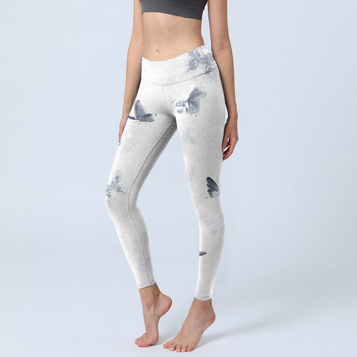 Buddha Stones Białe Szare Motyle Nadruk Sportowe Legginsy Damskie Spodnie Do Jogi - Śnieg - US18, UK/AU22, EU50 (4XL) - image 1