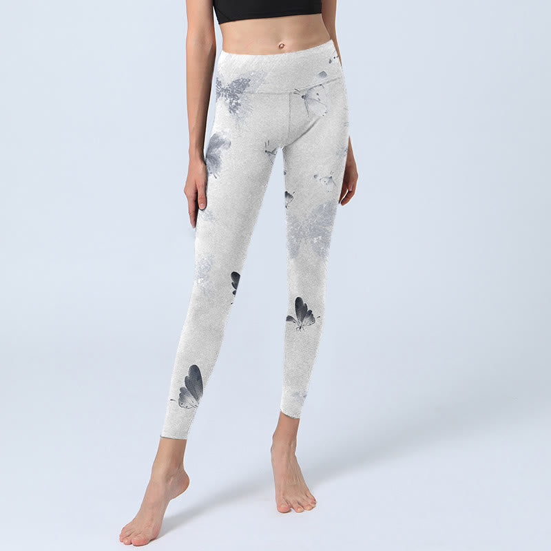Buddha Stones Białe Szare Motyle Nadruk Sportowe Legginsy Damskie Spodnie Do Jogi - image 6