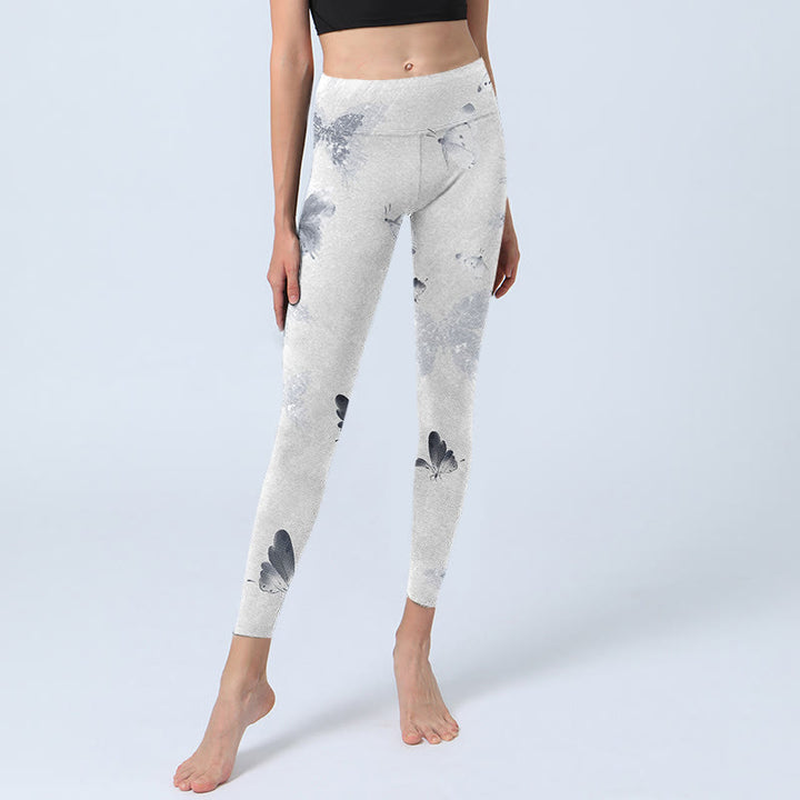 Buddha Stones Białe Szare Motyle Nadruk Sportowe Legginsy Damskie Spodnie Do Jogi - image 6