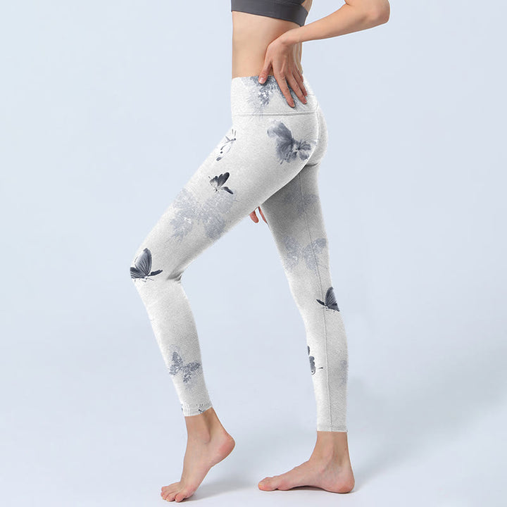 Buddha Stones Białe Szare Motyle Nadruk Sportowe Legginsy Damskie Spodnie Do Jogi - image 3