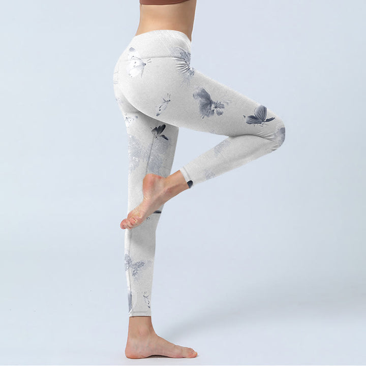 Buddha Stones Białe Szare Motyle Nadruk Sportowe Legginsy Damskie Spodnie Do Jogi - image 4