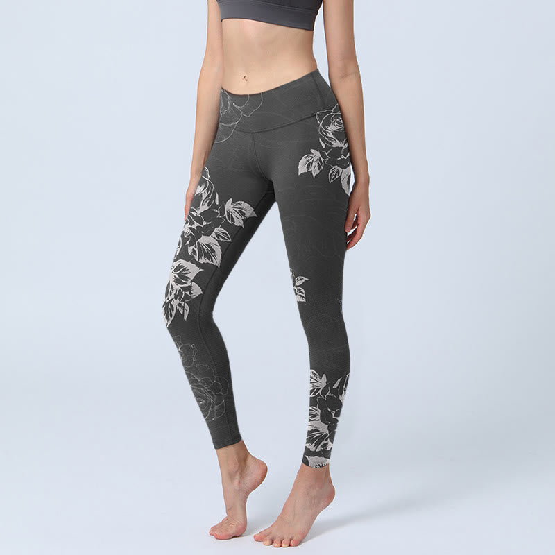 Buddha Stones Szary Peonia Róża Kwiat Szkic Nadruk Siłownia Fitness Legginsy Damskie Spodnie Do Jogi - Szary - US18, UK/AU22, EU50 (4XL) - image 1