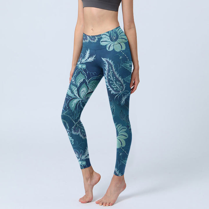 Buddha Stones Niebieskie Kwiaty Nadruk Sportowe Leginsy Fitness Damskie Spodnie Do Jogi - Stalowoniebieski - US18, UK/AU22, EU50 (4XL) - image 0