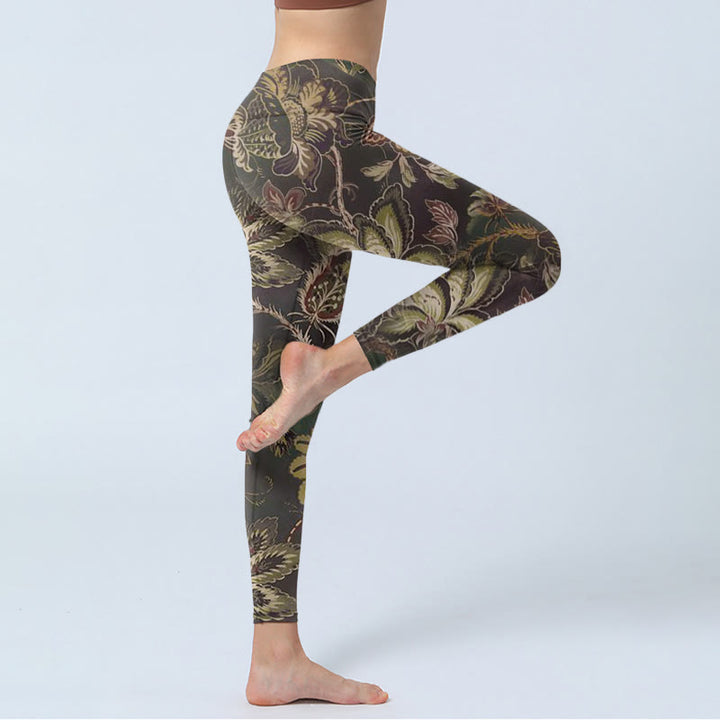 Buddha Stones Oliwkowe Kwiaty Nadruk Sportowe Leginsy Fitness Damskie Spodnie Do Jogi - image 3