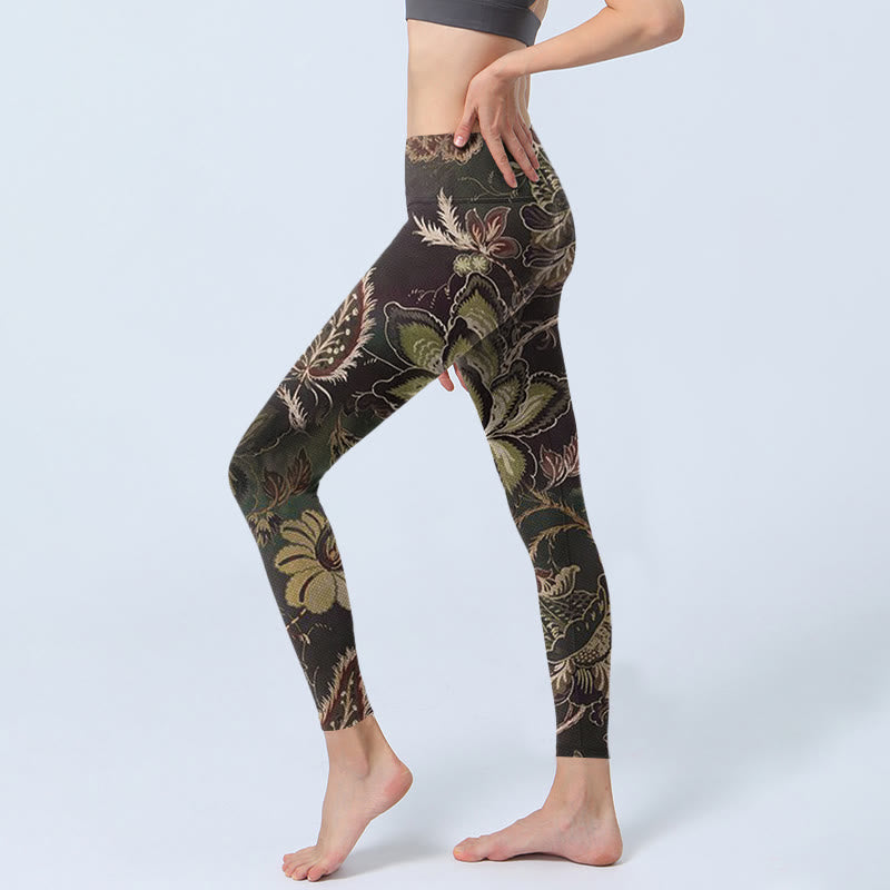 Buddha Stones Oliwkowe Kwiaty Nadruk Sportowe Leginsy Fitness Damskie Spodnie Do Jogi - image 3