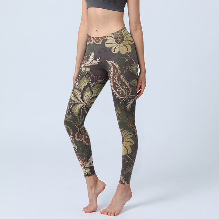 Buddha Stones Oliwkowe Kwiaty Nadruk Sportowe Leginsy Fitness Damskie Spodnie Do Jogi - Oliwka - US18, UK/AU22, EU50 (4XL) - image 0