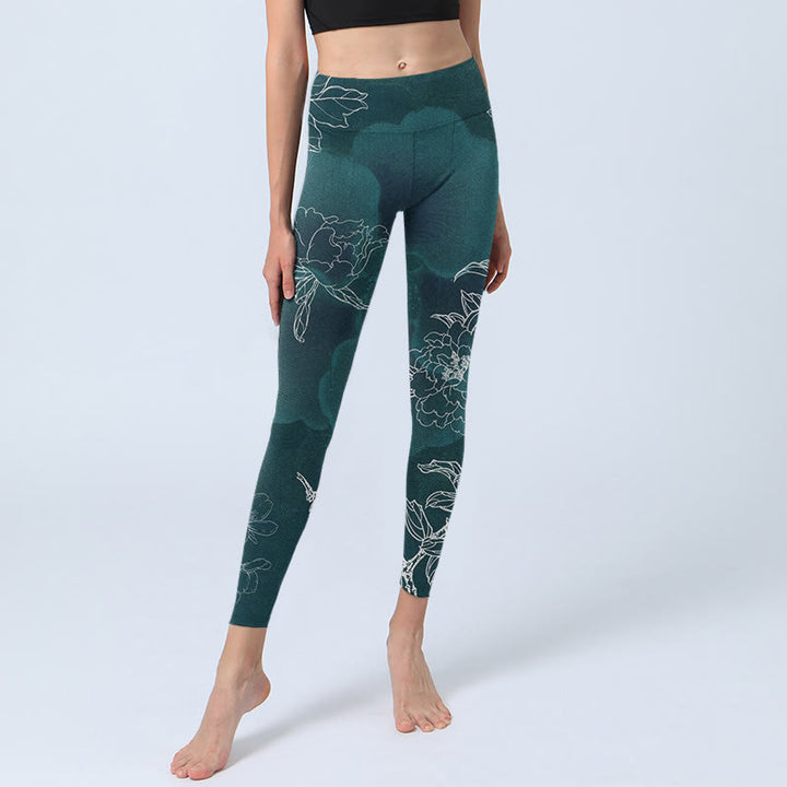 Buddha Stones Peonia Kwiat Sroka Motyl Nadruk Siłownia Fitness Legginsy Damskie Spodnie Do Jogi - image 5