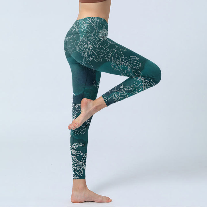 Buddha Stones Peonia Kwiat Sroka Motyl Nadruk Siłownia Fitness Legginsy Damskie Spodnie Do Jogi - image 3
