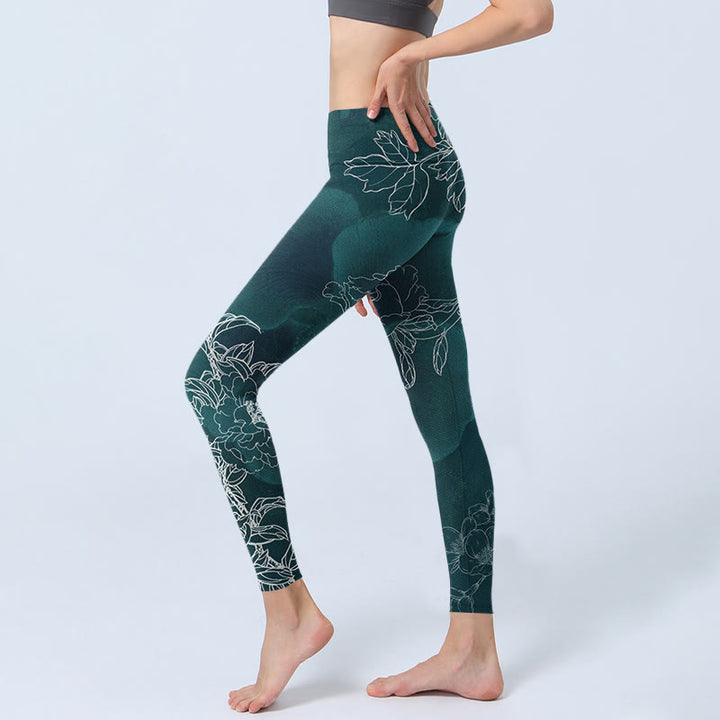 Buddha Stones Peonia Kwiat Sroka Motyl Nadruk Siłownia Fitness Legginsy Damskie Spodnie Do Jogi - image 3