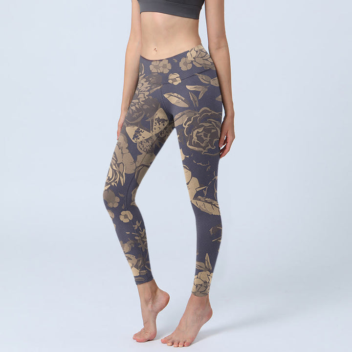 Buddha Stones Piwonii Liście Kwiatowy Nadruk Leginsy Fitness Siłownia Damskie Spodnie Joga - Oset - US18, UK/AU22, EU50 (4XL) - image 1