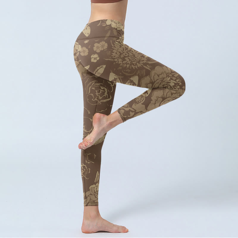 Buddha Stones Piwonii Liście Kwiatowy Nadruk Leginsy Fitness Siłownia Damskie Spodnie Joga - image 12