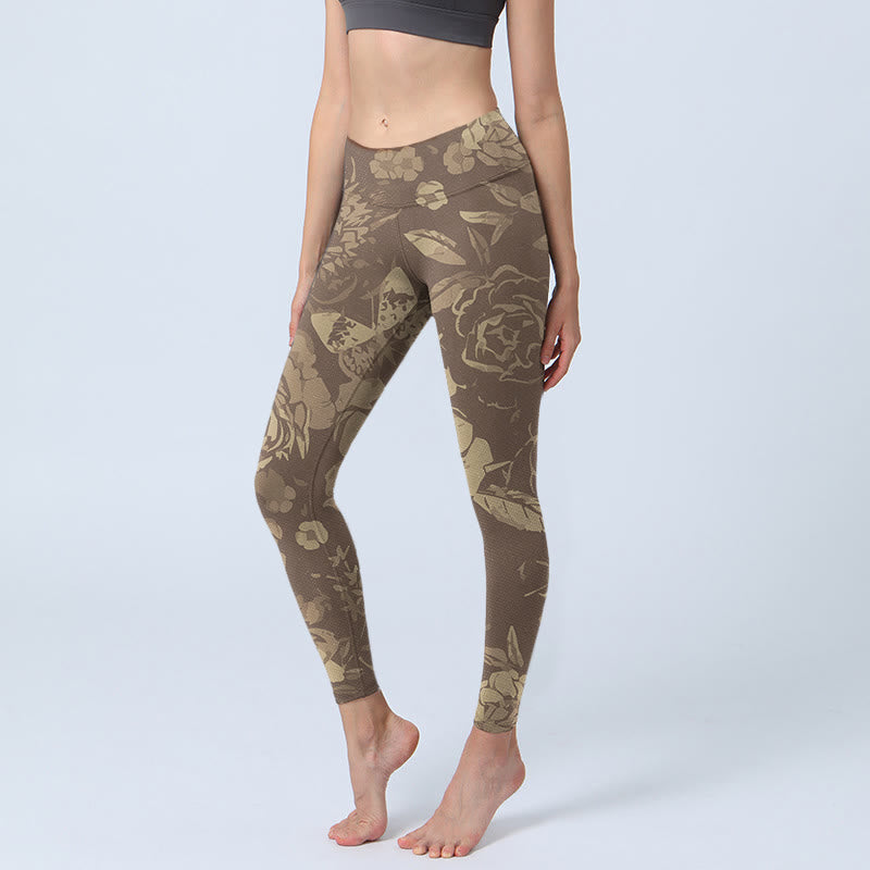 Buddha Stones Piwonii Liście Kwiatowy Nadruk Leginsy Fitness Siłownia Damskie Spodnie Joga - Ciemny Khaki - US18, UK/AU22, EU50 (4XL) - image 8