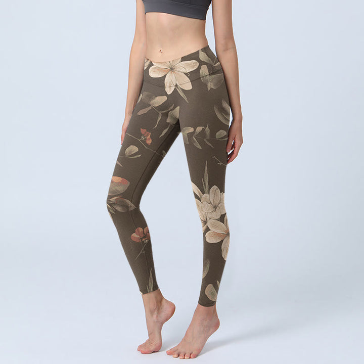 Buddha Stones Fioletowe Białe Kwiaty Liście Kwiatowy Nadruk Leginsy Fitness Siłownia Damskie Spodnie Joga - Ciemny Khaki - US18, UK/AU22, EU50 (4XL) - image 8