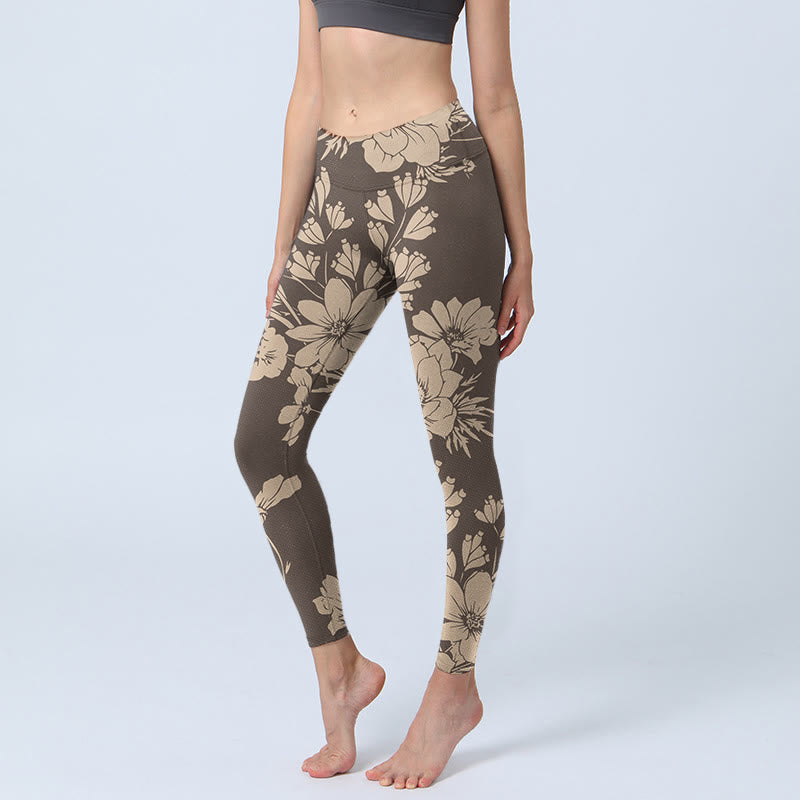 Buddha Stones Kwiaty Blossom Print Sportowe Leginsy Fitness Damskie Spodnie Do Jogi - Ciemny Khaki - US18, UK/AU22, EU50 (4XL) - image 9