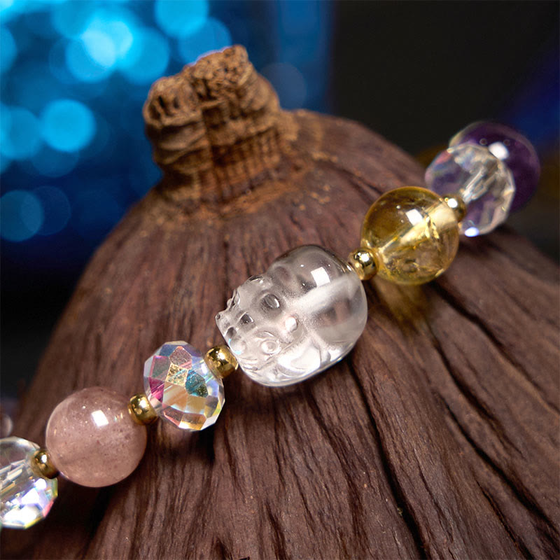 Bransoletka szczęścia z Buddha Stones PiXiu z białego kryształu cytrynu i zielonej truskawki z kwarcu i ametystu