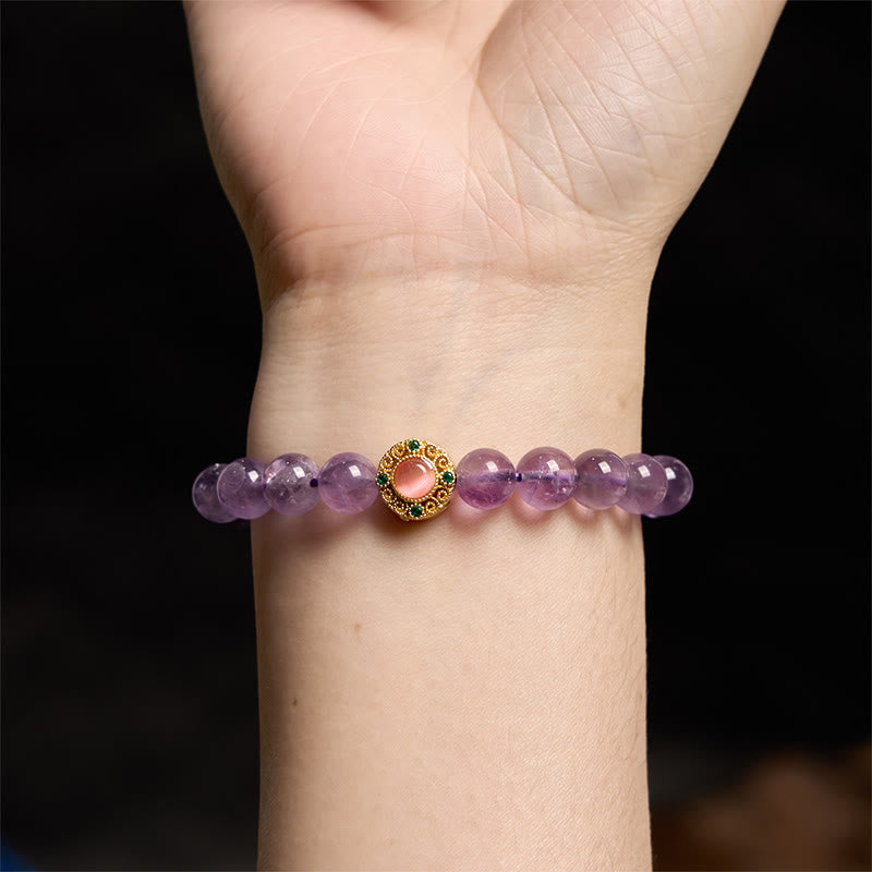 Bransoletka do medytacji z Buddha Stones, ametystem i kwiatem brzoskwini