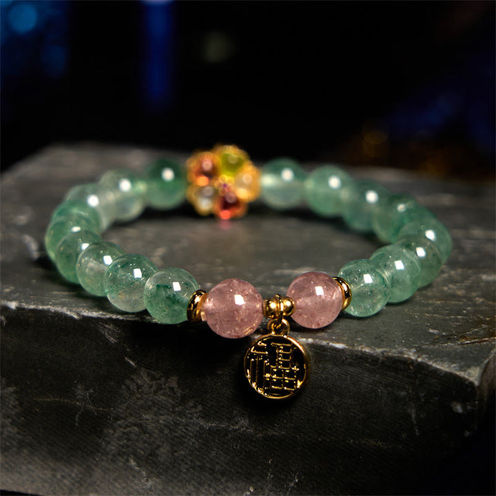 Bransoletka z Buddha Stones Naturalny Zielony Kwarc Truskawkowy Kojący Fu Charakter