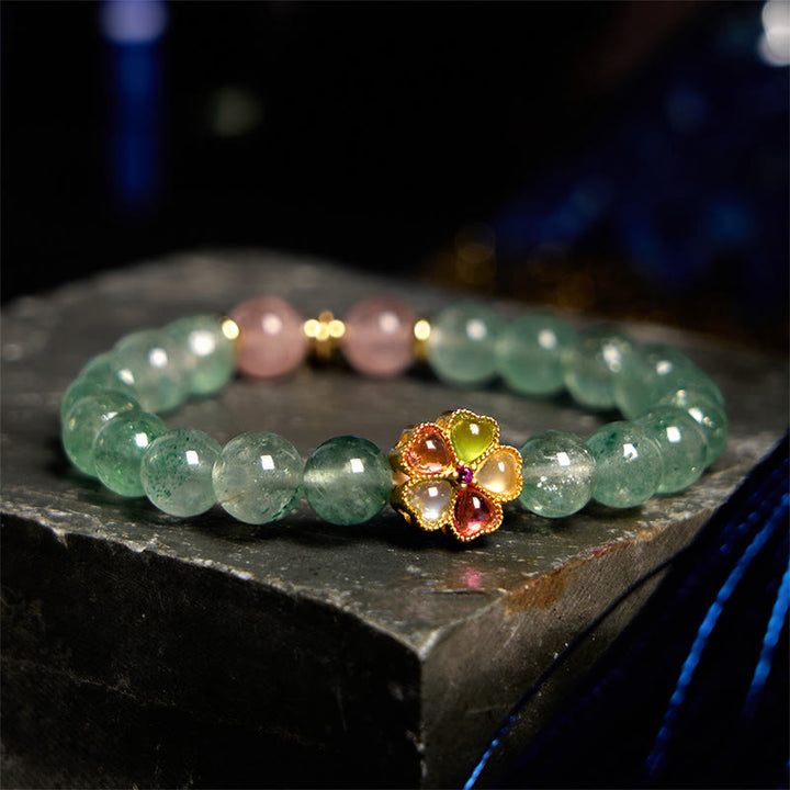 Bransoletka z Buddha Stones Naturalny Zielony Kwarc Truskawkowy Kojący Fu Charakter