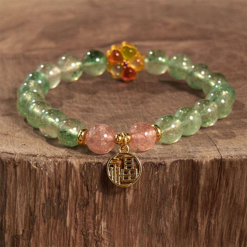 Bransoletka z Buddha Stones Naturalny Zielony Kwarc Truskawkowy Kojący Fu Charakter
