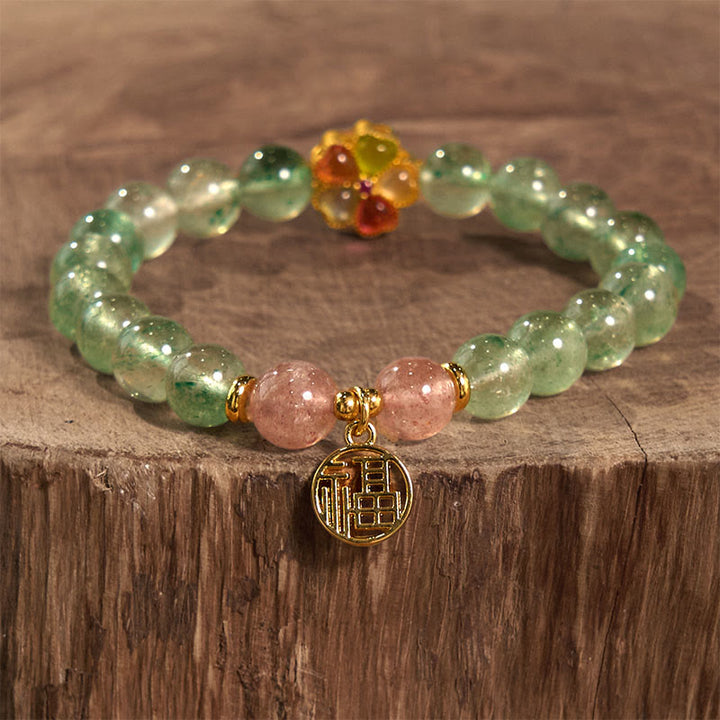 Bransoletka z Buddha Stones Naturalny Zielony Kwarc Truskawkowy Kojący Fu Charakter