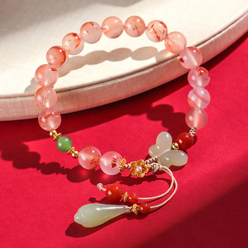Buddha Stones Południowy Czerwony Agat Motyl Orchidea Hetian Jade Bransoletka Szczęścia