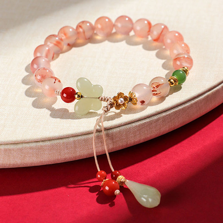 Buddha Stones Południowy Czerwony Agat Motyl Orchidea Hetian Jade Bransoletka Szczęścia