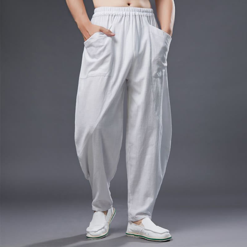 Buddha Stones Jednolity Kolor Bawełna Ramie Len Męskie Spodnie Harem Elastyczny Pas Z Kieszeniami - Biały - US/UK/AU38， EU48 (XL) - image 0