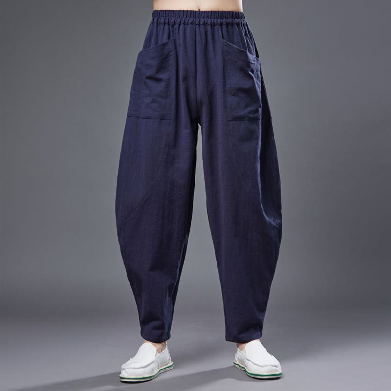 Buddha Stones Jednolity Kolor Bawełna Ramie Len Męskie Spodnie Harem Elastyczny Pas Z Kieszeniami - image 16