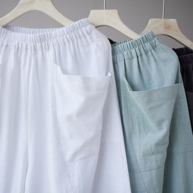 Buddha Stones Jednolity Kolor Bawełna Ramie Len Męskie Spodnie Harem Elastyczny Pas Z Kieszeniami - image 28