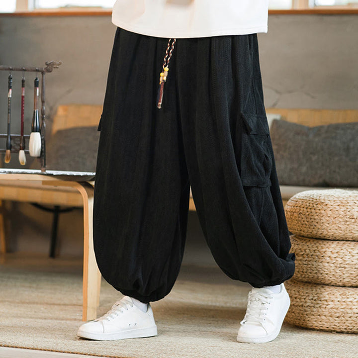 Spodnie cargo męskie sztruksowe z ściągaczem i kieszeniami, jesień/zima, Buddha Stones - Czarny - US/UK/AU46， EU56 (5XL) - image 0