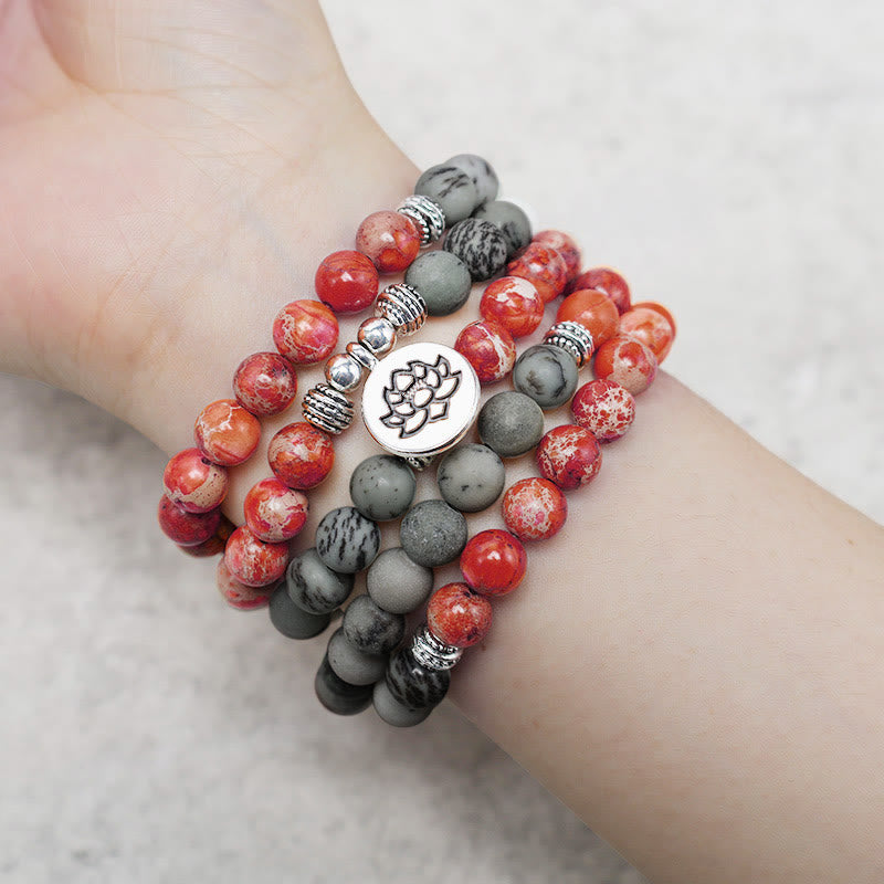 Buddha Stones 108 Koraliki Mala Naturalny Kamień Morski Osad Jaspis Bransoletka Ochronna Lotosu