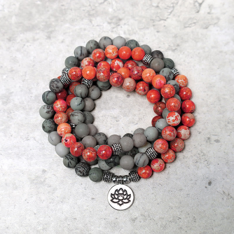 Buddha Stones 108 Koraliki Mala Naturalny Kamień Morski Osad Jaspis Bransoletka Ochronna Lotosu