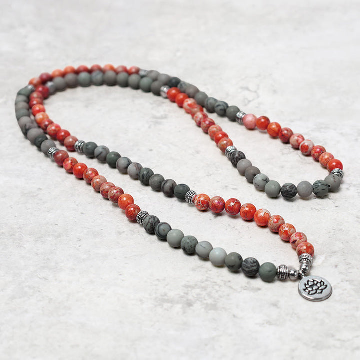 Buddha Stones 108 Koraliki Mala Naturalny Kamień Morski Osad Jaspis Bransoletka Ochronna Lotosu