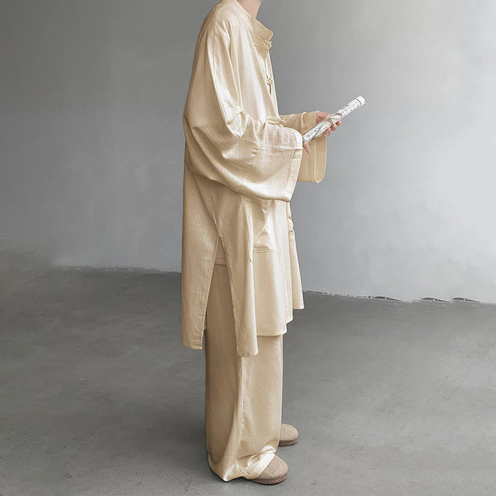 Buddha Stones 2 szt. męska koszula z długim rękawem i guzikami żaba spodnie medytacyjne zen bawełniany zestaw ubrań - image 3