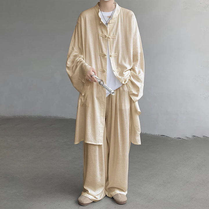 Buddha Stones 2 szt. męska koszula z długim rękawem i guzikami żaba spodnie medytacyjne zen bawełniany zestaw ubrań - image 2