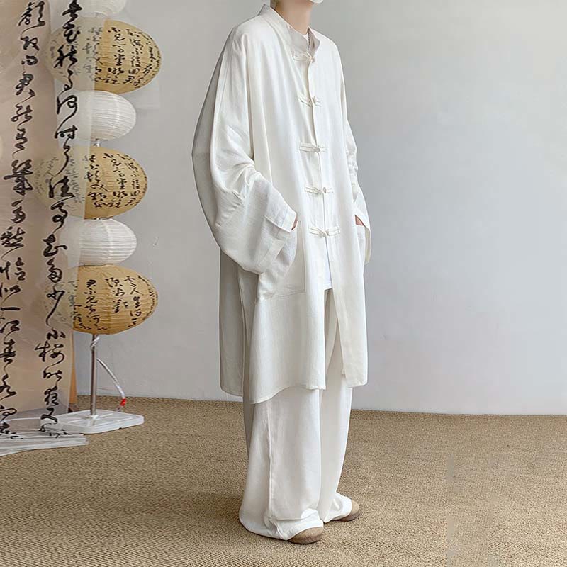 Buddha Stones 2 szt. męska koszula z długim rękawem i guzikami żaba spodnie medytacyjne zen bawełniany zestaw ubrań - image 5