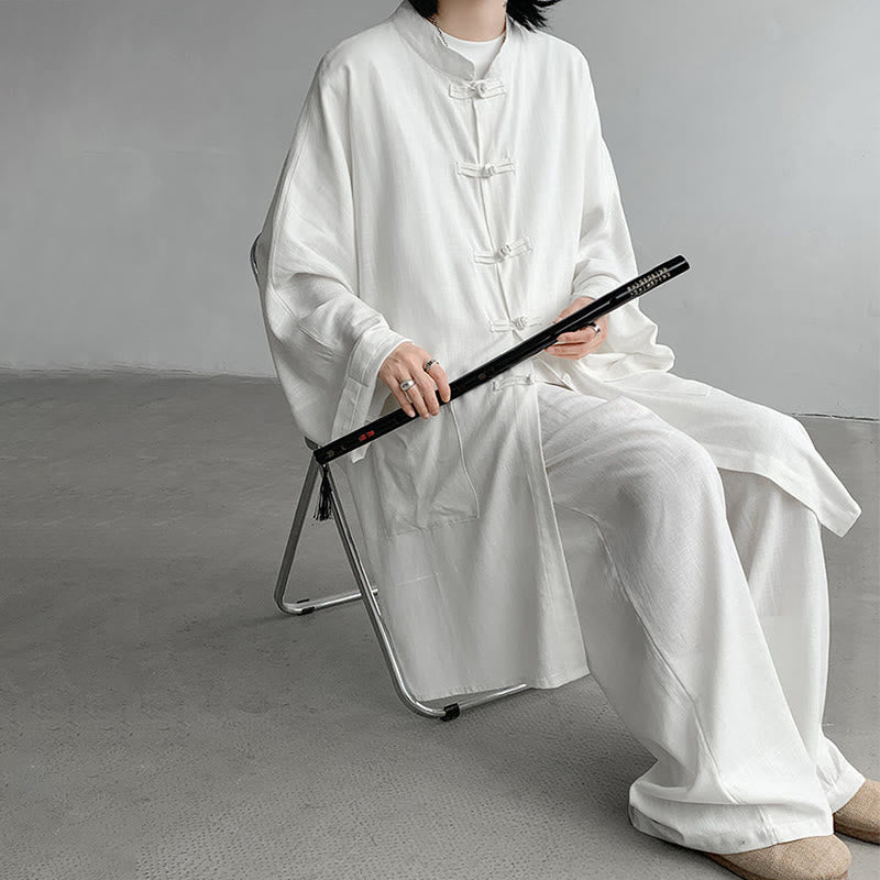 Buddha Stones 2 szt. męska koszula z długim rękawem i guzikami żaba spodnie medytacyjne zen bawełniany zestaw ubrań - image 9