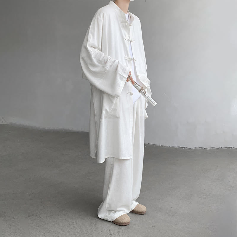 Buddha Stones 2 szt. męska koszula z długim rękawem i guzikami żaba spodnie medytacyjne zen bawełniany zestaw ubrań - image 7