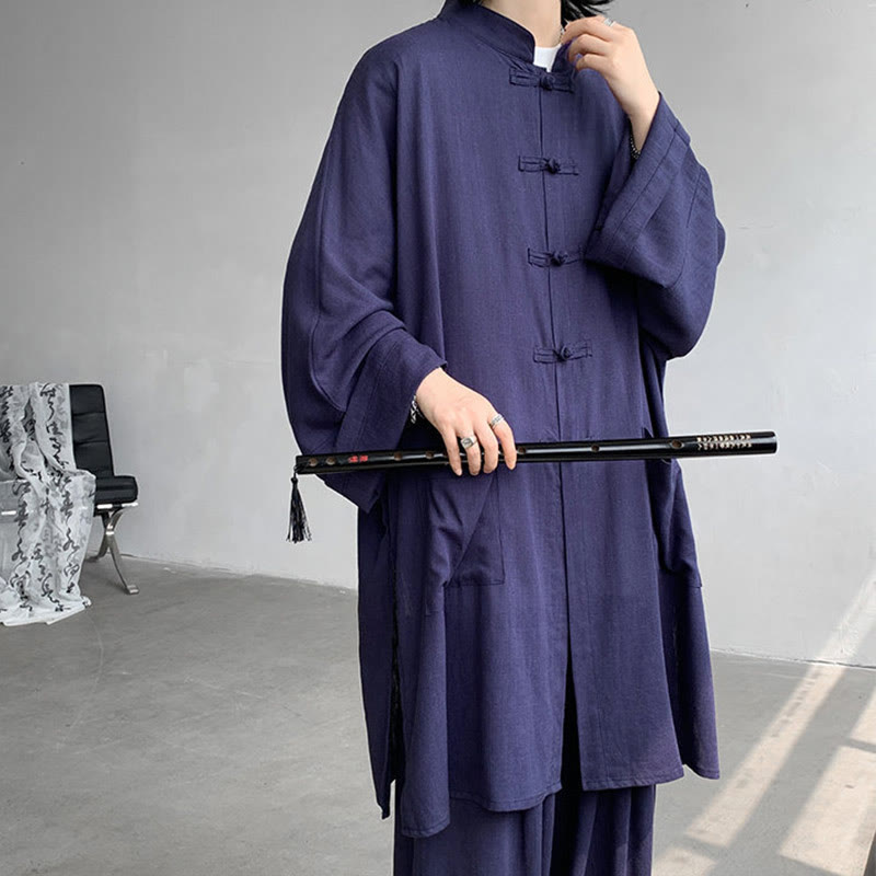 Buddha Stones 2 szt. męska koszula z długim rękawem i guzikami żaba spodnie medytacyjne zen bawełniany zestaw ubrań - image 17