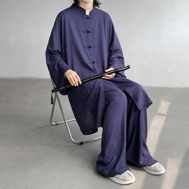 Buddha Stones 2 szt. męska koszula z długim rękawem i guzikami żaba spodnie medytacyjne zen bawełniany zestaw ubrań - image 15