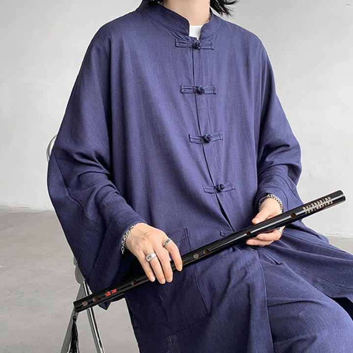 Buddha Stones 2 szt. męska koszula z długim rękawem i guzikami żaba spodnie medytacyjne zen bawełniany zestaw ubrań - image 16